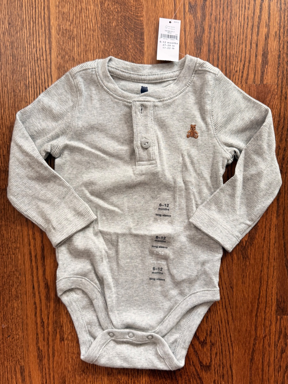 GAP Light Gray Ribbed Henley Baby Bodysuit with Teddy Patch